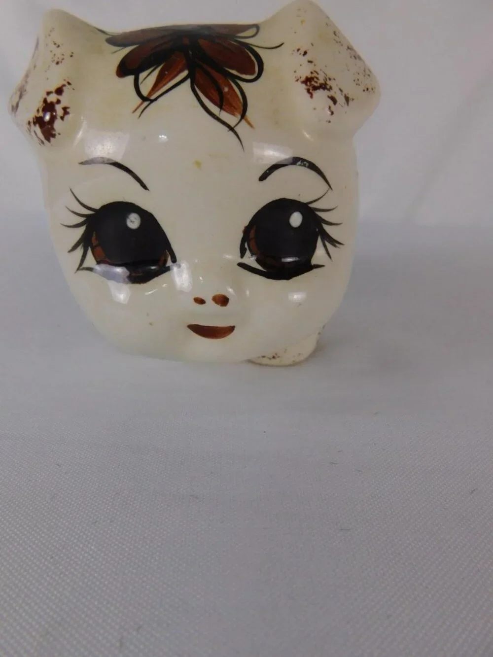 Vintage Hawaii Small Ceramic Piggy Coin Bank Brown Flower Kawaii Decor Figurine